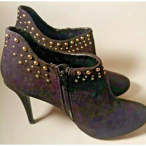 Women's Size 11M Black High Heeled Gold Blinged Booties NIB Side Zippers Suede - Picture 2 of 5